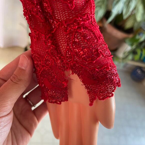 Handmade Y2K Red Glitter Sheer Lace Mini Dress Long Sleeve Bodycon Clubwear XS/S - Picture 6 of 7